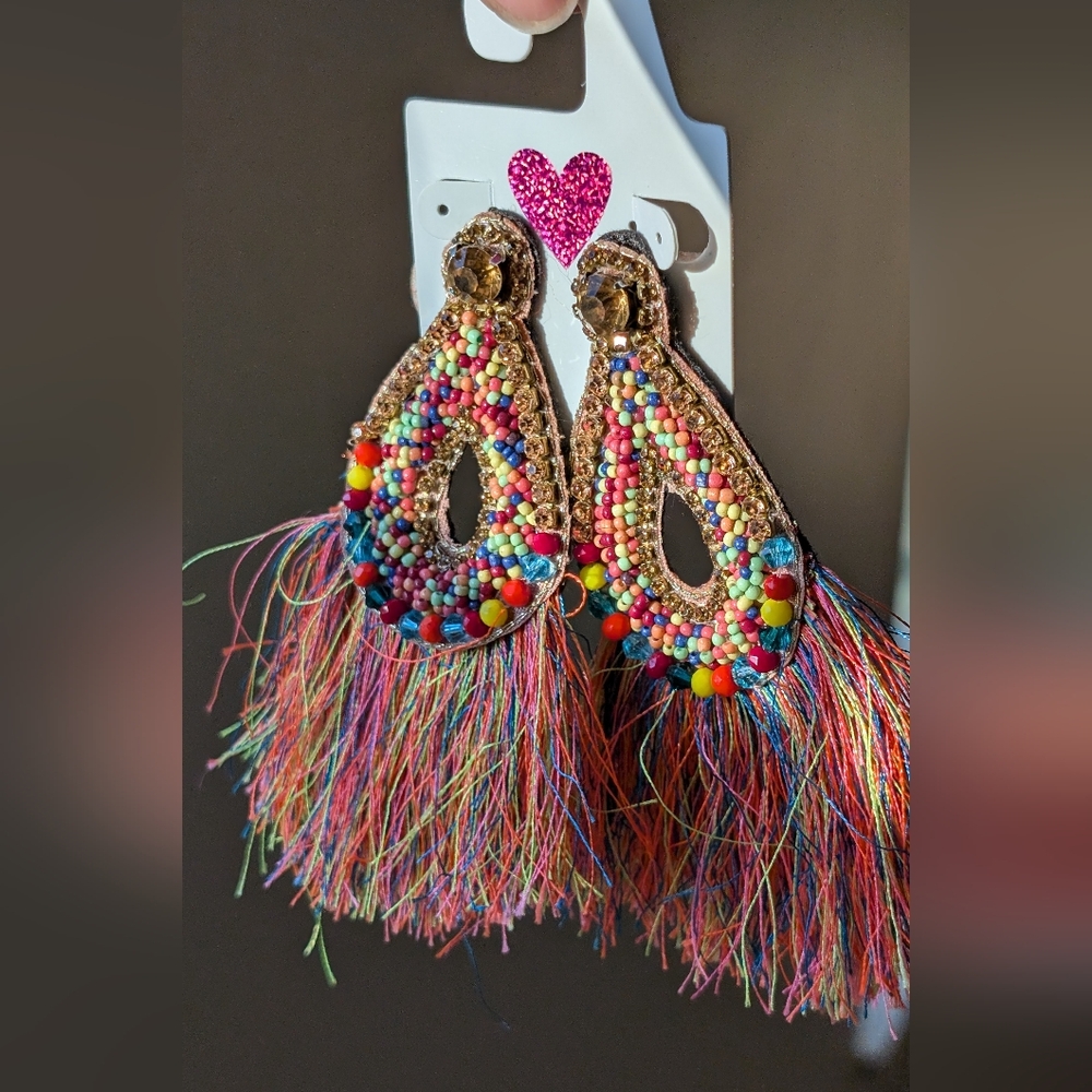 Exotic Multi Color Rhinestone Fringe Earrings - Picture 2 of 6